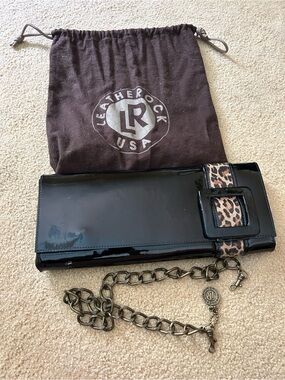 Leatherock Black Patent Clutch with Leopard Buckle Accent